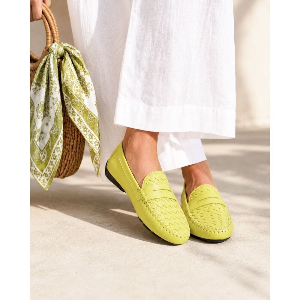 Robert Zur Women’s Petra Leather Kiwi Chartreuse Woven Driving Loafer Narrow Fit
